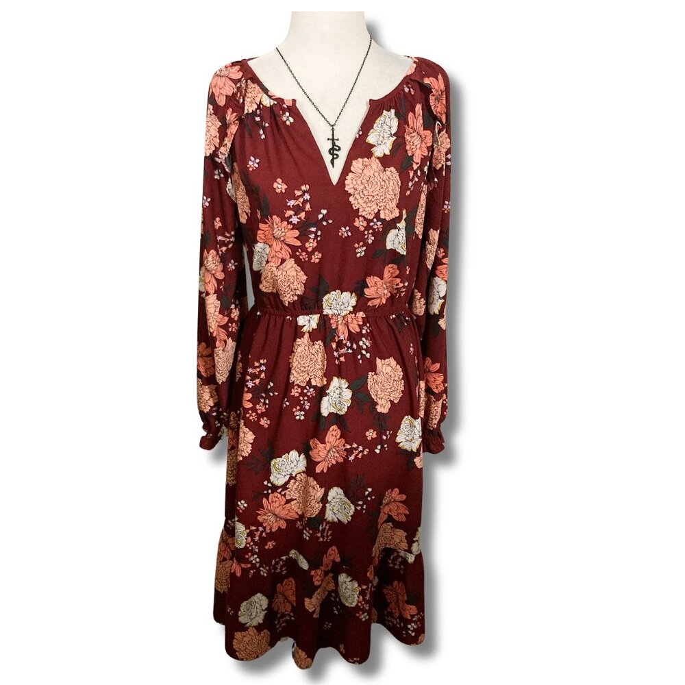 LOFT Burgundy peach black floral print long sleeve v-neck dress ~ SMALL MEDIUM